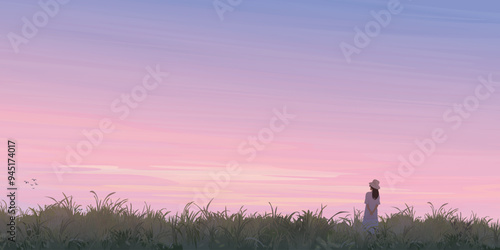 Silhouette grass field landscape with a woman graphic illustration have blank space at twilight sky background.