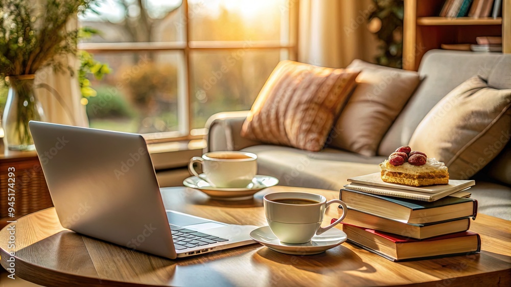 Fototapeta premium Cozy afternoon tea setup with laptop and books, soft natural light, shallow focus, warm earth tones, and peaceful atmosphere emphasizing work-life balance.