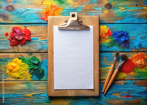 Playful clipboard on painted wooden palette with bright colors and artistic feel