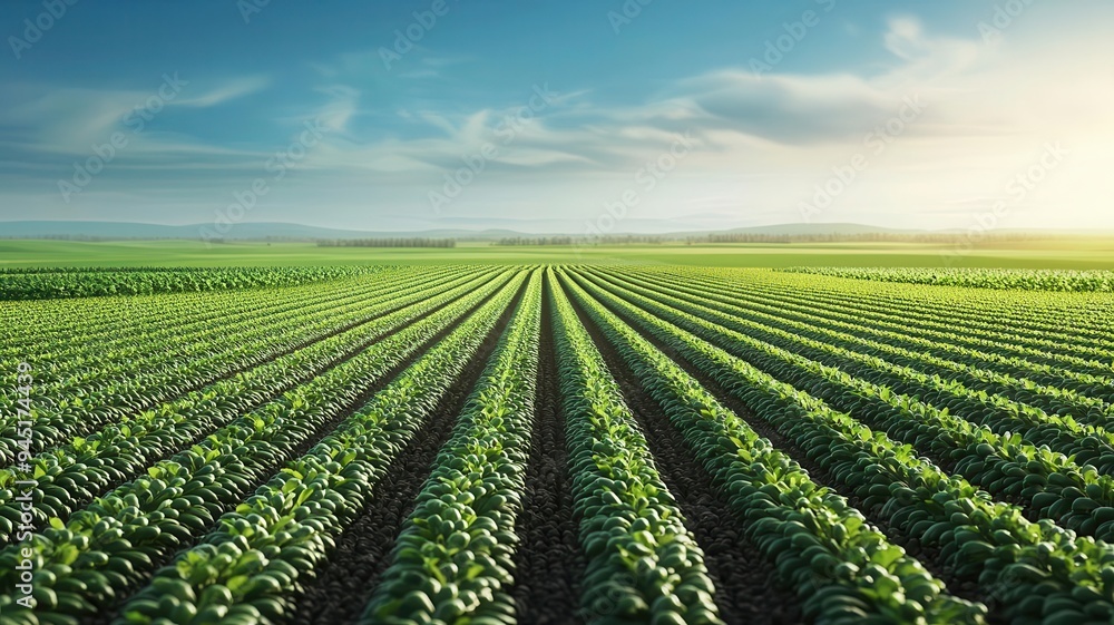 Organic farm, lush green fields with crops, 3D illustration Organic farm, lush green fields with crops, 3D illustration