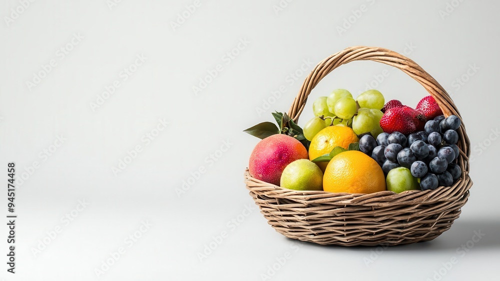 Organic fruits, vibrant and juicy, in a wicker basket, 3D illustration Organic fruits, vibrant and juicy, in a wicker basket, 3D illustration