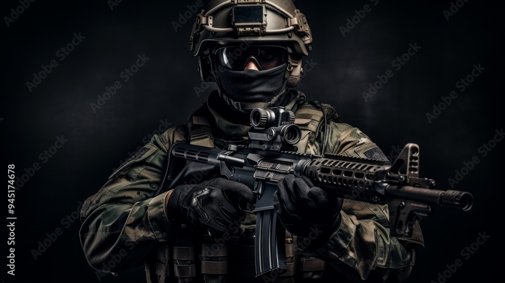 Portrait of a special forces soldier with machine gun. The concept of special military units. Neural network ai generated art Portrait of a special forces soldier with machine gun. The concept of special military units. Neural network ai generated art