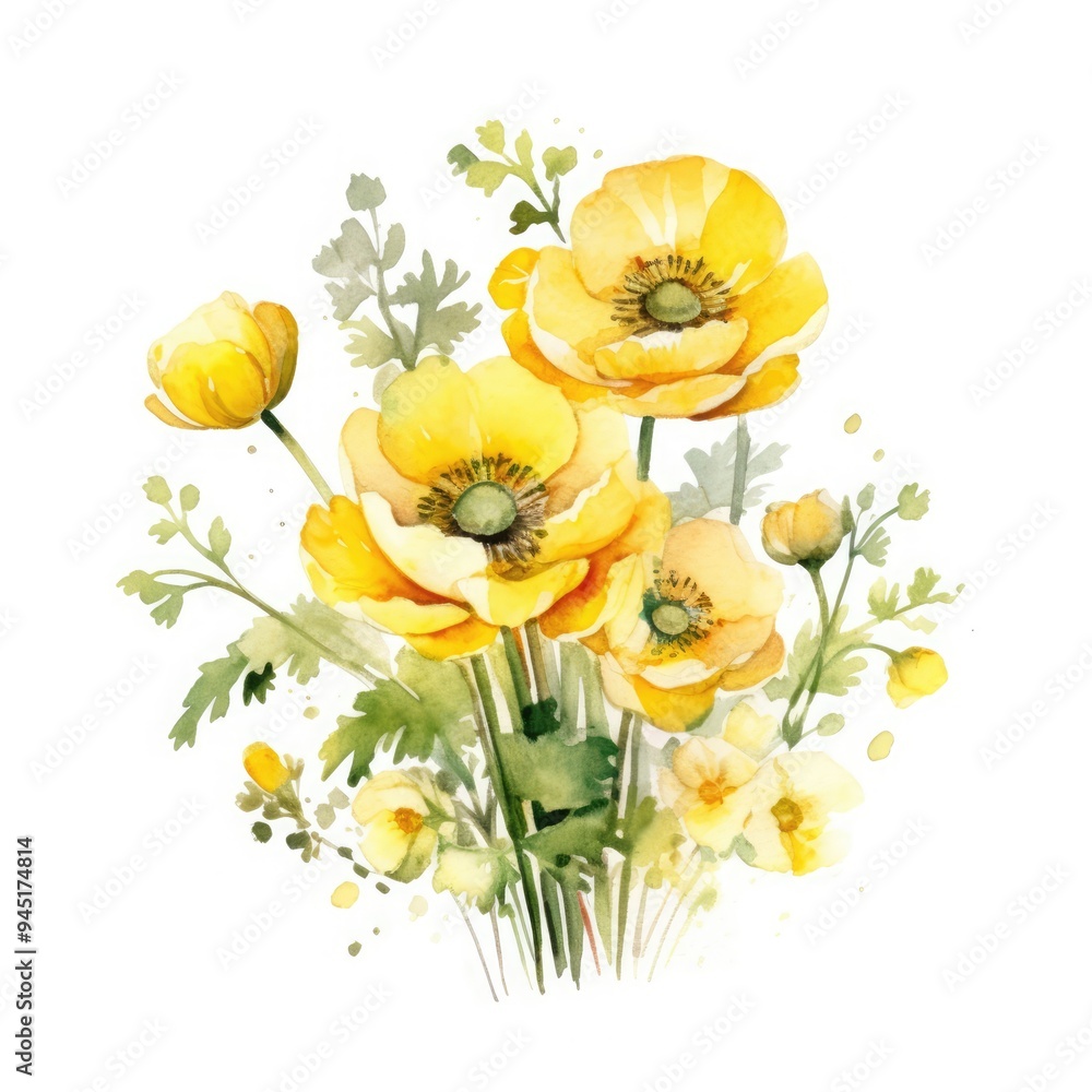 Watercolor bouquet of yellow poppies on a white background Watercolor bouquet of yellow poppies on a white background