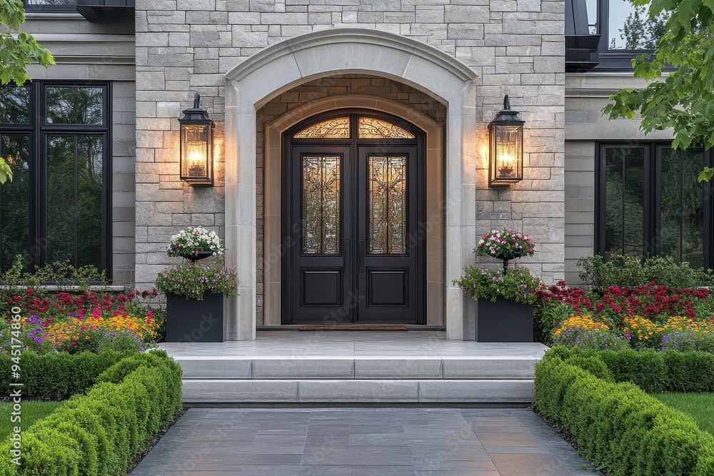 Elegant entrance with stone facade, double doors, and vibrant flower arrangements. Elegant entrance with stone facade, double doors, and vibrant flower arrangements.