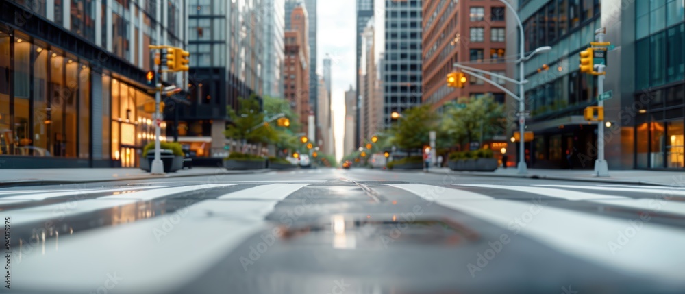 Obraz premium Serene Urban Landscape: Stunning Minimalist Shot of a Contemporary City Street with Skyscrapers and Blue Sky