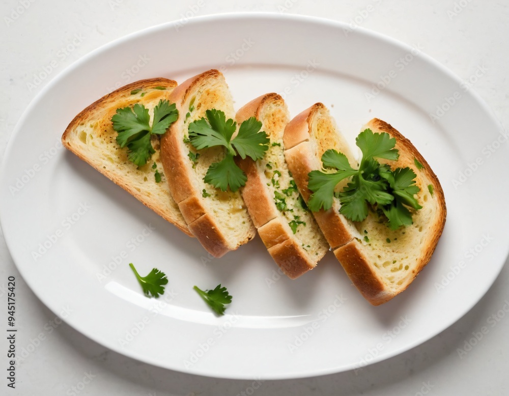 Three slices of garlic bread with fresh parsley on a white ceramic plate isolated on white. Top view. Ai generated images Three slices of garlic bread with fresh parsley on a white ceramic plate isolated on white. Top view. Ai generated images