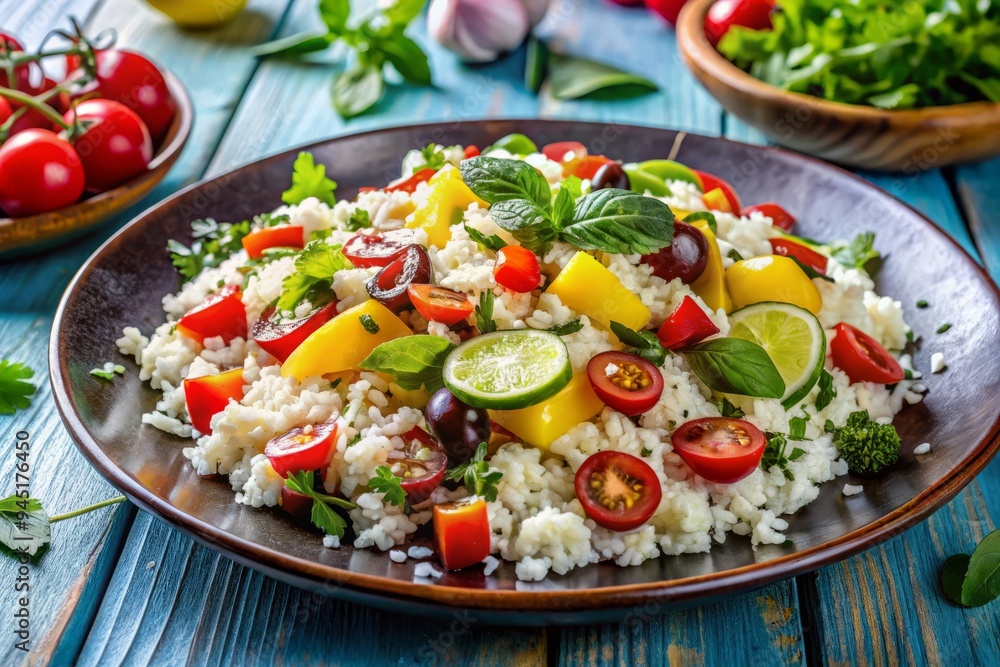 photo image of a colorful plate filled with a vibrant mix of fresh herbs, juicy vegetables, and fluffy basmati rice, garnished with a drizzle of olive oil and a sprinkle of feta cheese. photo image of a colorful plate filled with a vibrant mix of fresh herbs, juicy vegetables, and fluffy basmati rice, garnished with a drizzle of olive oil and a sprinkle of feta cheese.