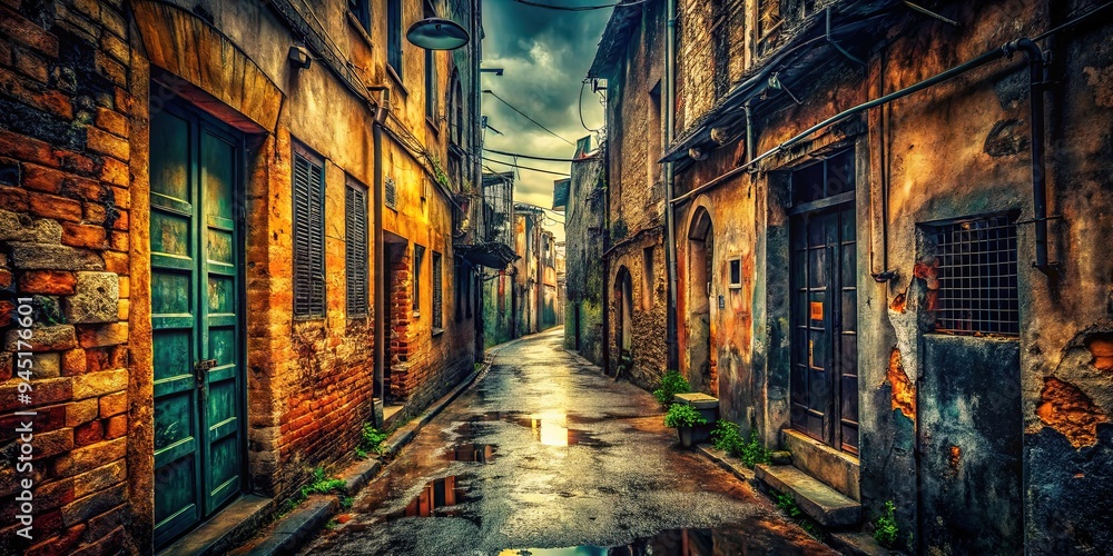 Fototapeta premium Rustic Grunge Urban Decay Vintage Aged Distressed Textures City Alleyway Moody Atmospheric Mysterious