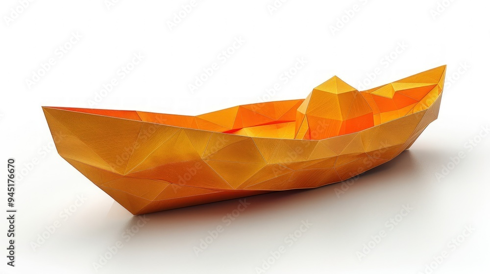 A yellow paper boat is folded and sits on a white background. A yellow paper boat is folded and sits on a white background.
