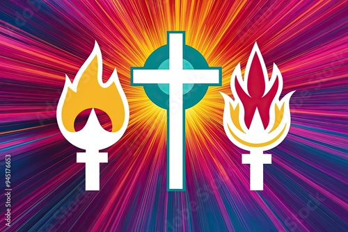 Vibrant Trinity Symbols Featuring Cross Star and Flame on Bright Background