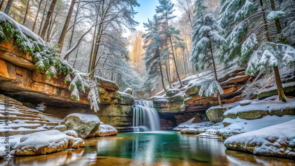 Fleeting winter wonderland scene in Hocking Hills State Park with snow-dusted trees, frozen waterfalls, and eerie stillness Fleeting winter wonderland scene in Hocking Hills State Park with snow-dusted trees, frozen waterfalls, and eerie stillness