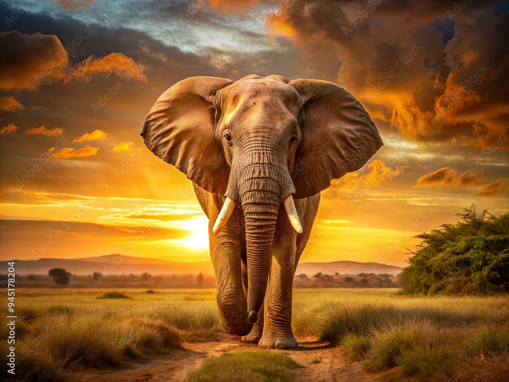 Obraz premium majestic savannah elefante sunset majestic powerful strong wild ancient wrinkled skin warm golden light serene peaceful calm endangered species tribute