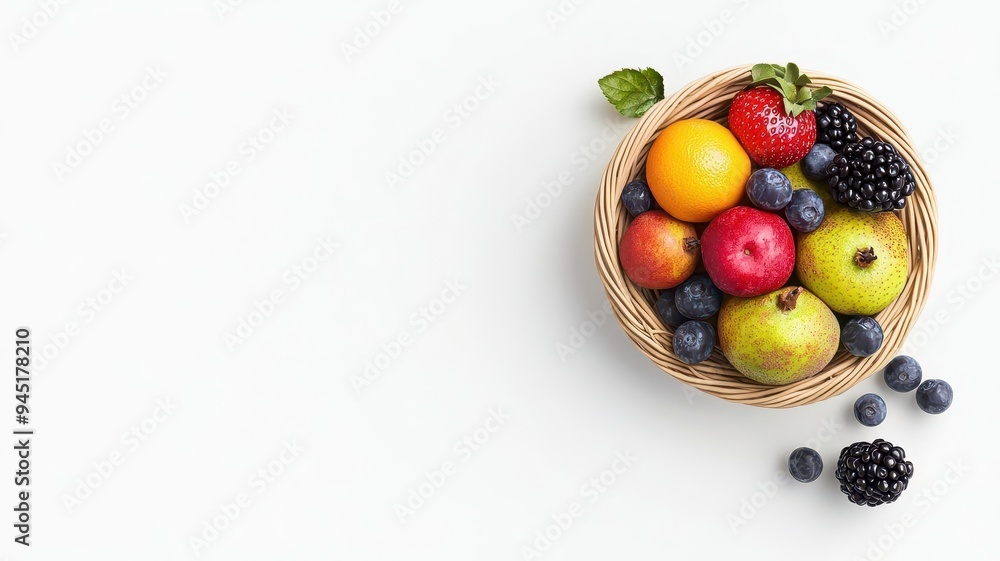 Organic fruits, vibrant and juicy, in a wicker basket, 3D illustration Organic fruits, vibrant and juicy, in a wicker basket, 3D illustration