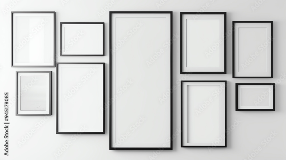 Empty square wooden frames hang on a gallery wall Empty square wooden frames hang on a gallery wall
