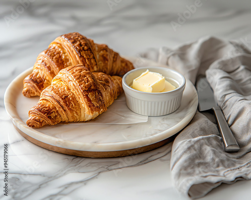 Delightful fresh croissants, perfectly baked and golden brown, served with a steaming cup of butter on a white plate, make for a delightful breakfast or morning snack photo