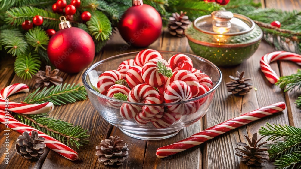 A photo image of a festive holiday table setting with a bowl of peppermint candies and candy canes forming a centerpiece surrounded by Christmas decorations A photo image of a festive holiday table setting with a bowl of peppermint candies and candy canes forming a centerpiece surrounded by Christmas decorations