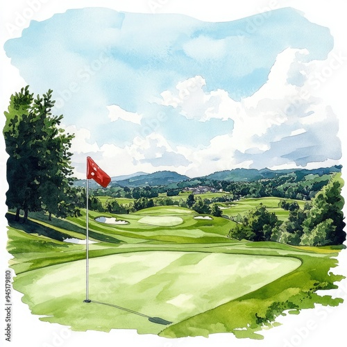 A serene watercolor painting of a golf course landscape with a flag, lush greenery, and a picturesque sky.