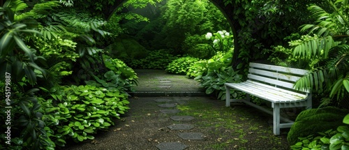 Serene Garden Oasis - Tranquil 8K UHD Image of Stone Path, Lush Foliage, and Relaxing Bench