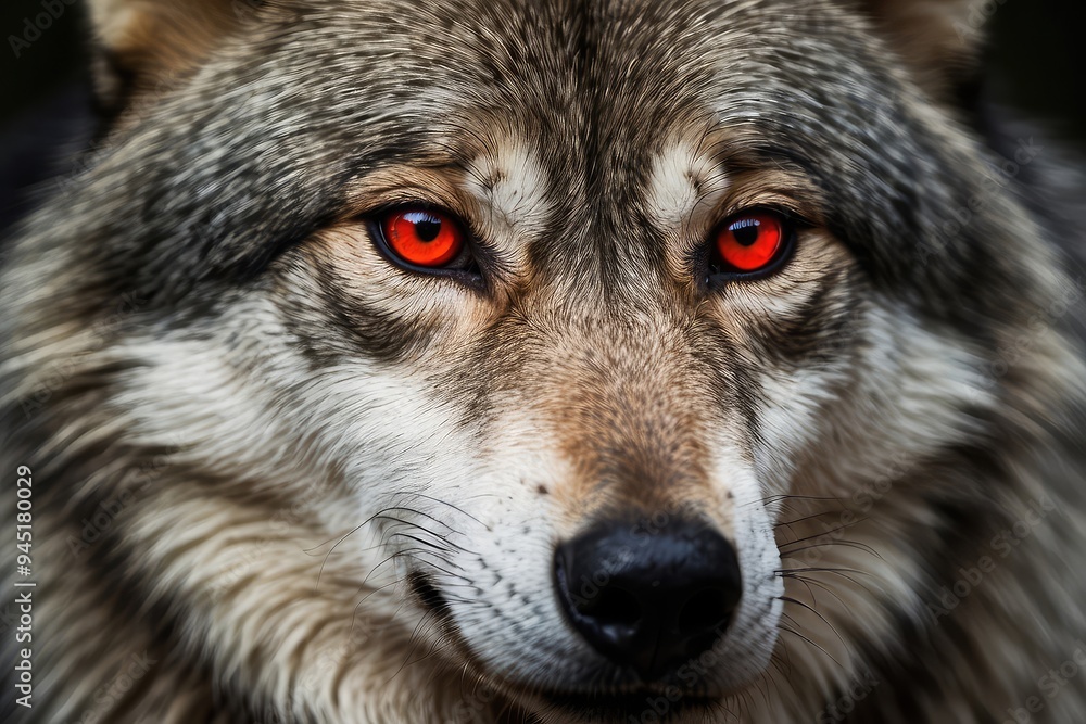 Obraz premium scary wolf with red eyes in a gloomy night forest shrouded in mist, full half-face portrait of scary wolf shifter grin in ominous dark woods ready to attack victim,