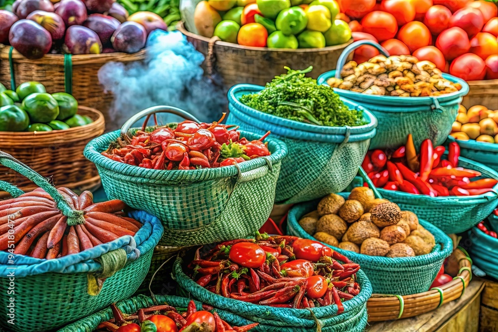 Fototapeta premium vibrant colorful market stall bright turquoise canvas bags woven baskets overflowing with crunchy vegetables ripe fruits amidst steaming hot crab claw dish
