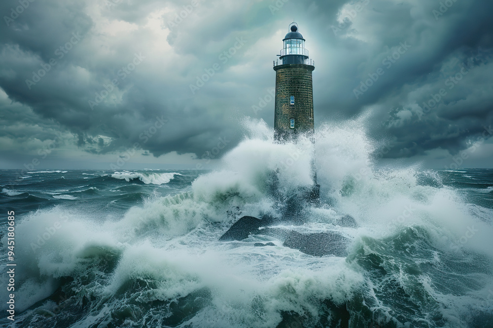 Generative ai on theme of large retro lighthouse with beam of bright light shining out to blue sea Generative ai on theme of large retro lighthouse with beam of bright light shining out to blue sea