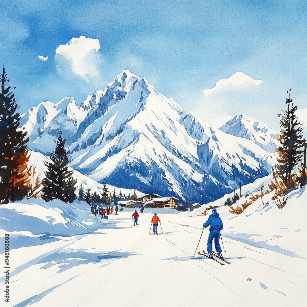 A vibrant winter scene depicting skiers on a snow-covered mountain trail surrounded by majestic peaks and clear blue skies. A vibrant winter scene depicting skiers on a snow-covered mountain trail surrounded by majestic peaks and clear blue skies.