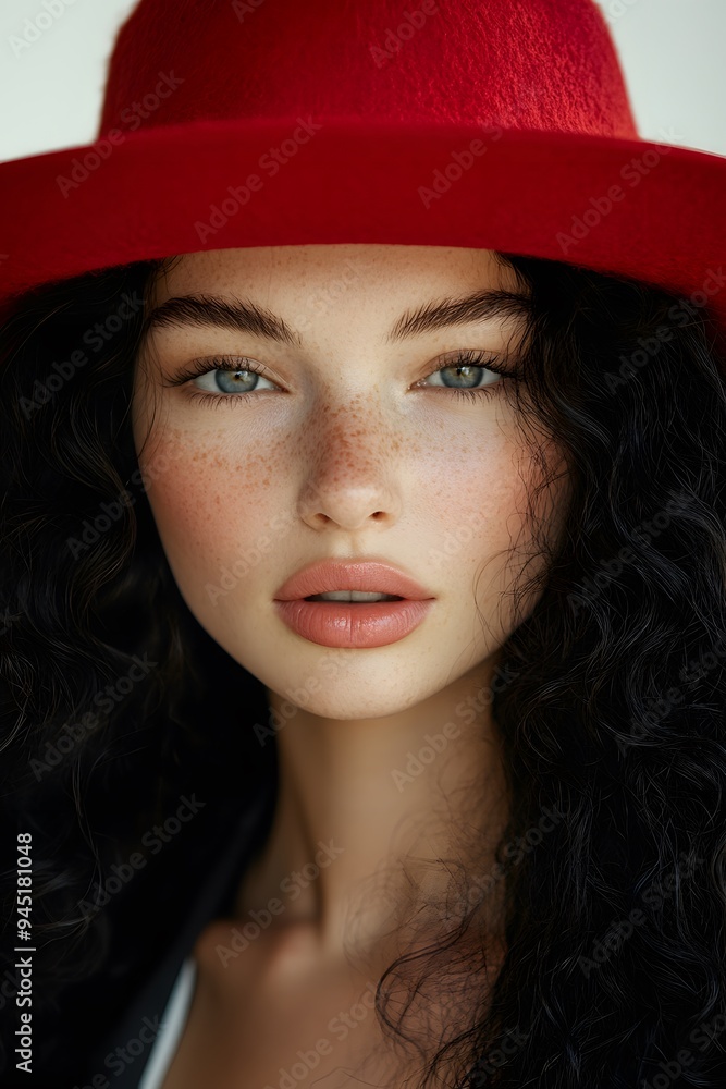 Beautiful Woman with Red Hat and Freckles Beautiful Woman with Red Hat and Freckles