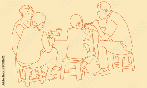 vietnamese people eating breakfast on the sidewalk