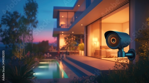 Modern Smart Home with Security Camera Overlooking Pool at Dusk, Illuminated Contemporary Architecture