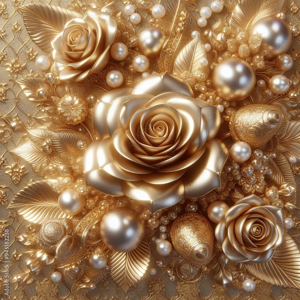 Golden roses and pearls intricately arranged on a luxurious background creating an opulent and elegant visual composition. Golden roses and pearls intricately arranged on a luxurious background creating an opulent and elegant visual composition.