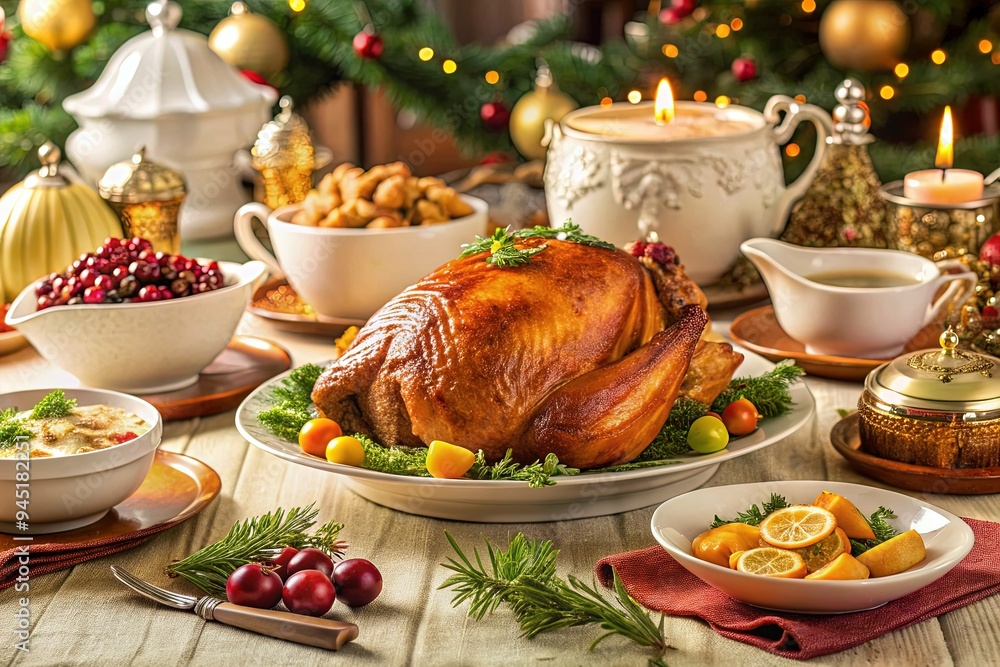 Warm softbox lighting traditional holiday feast roasted turkey golden ...