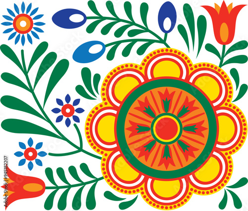 Folklore ornaments from Slovakia. Colorful floral patterns of folk paintings.