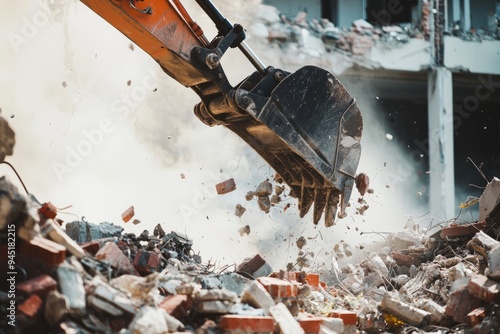 The arm of an excavator demolishes a building, sending bricks and rubble flying. The demolition site is chaotic