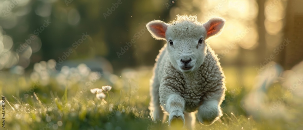 Joyful Young Lamb Frolicking in Lush Spring Meadow Joyful Young Lamb Frolicking in Lush Spring Meadow