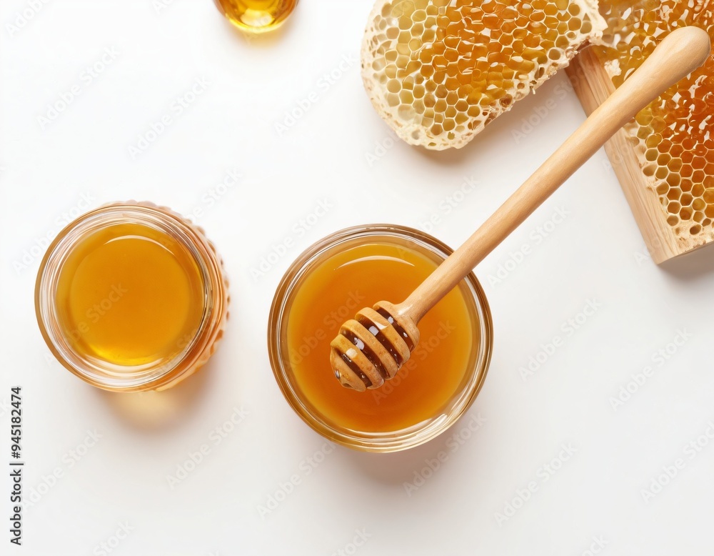 Top view Organic Honey with wooden dipper isolated on white background, healthy food, food blog, minimal background, space for text. Ai generated images Top view Organic Honey with wooden dipper isolated on white background, healthy food, food blog, minimal background, space for text. Ai generated images
