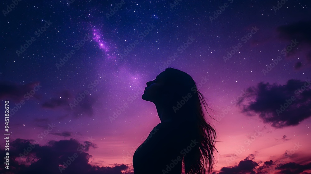 Woman Silhouetted Against a Starry Sky. Woman Silhouetted Against a Starry Sky.