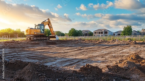 A cleared construction site with heavy machinery and an open plot of land, showcasing the early stages of building a new residential home