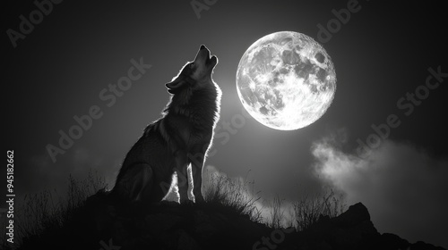 Silhouette of a wolf howling at the moon, dramatic night scene with strong shadows and light contrasts