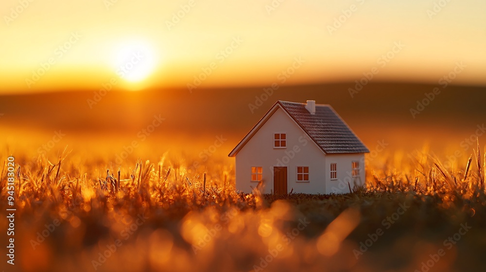 A miniature house model in a wide-open field during the golden hour, with the sun low on the horizon, casting a warm glow and leaving plenty of empty space in the background for creative use A miniature house model in a wide-open field during the golden hour, with the sun low on the horizon, casting a warm glow and leaving plenty of empty space in the background for creative use