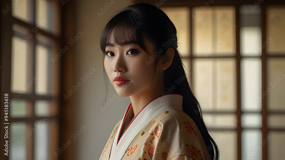 Beautiful Woman in Traditional Japanese Kimono