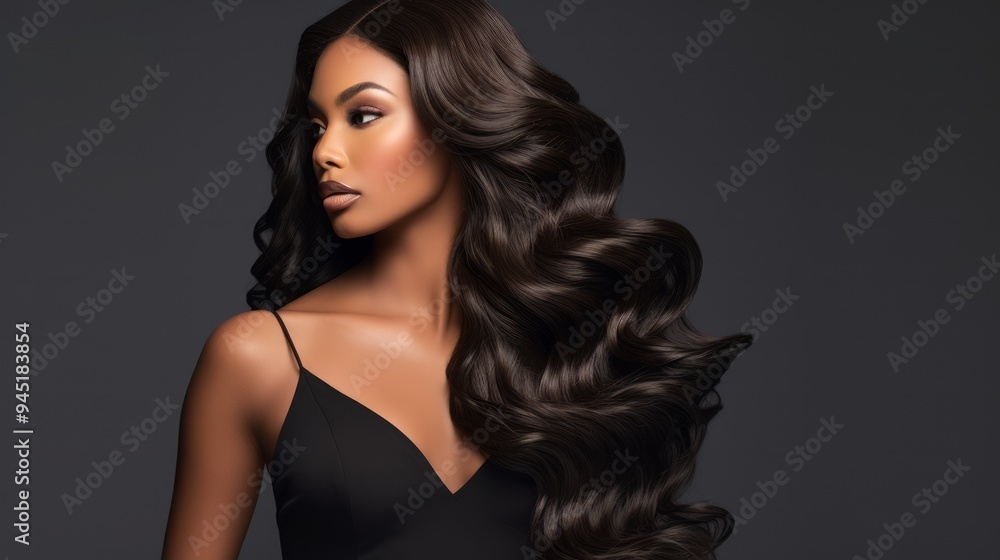 African American photo model with perfect black hair on dark background. Neural network ai generated art African American photo model with perfect black hair on dark background. Neural network ai generated art