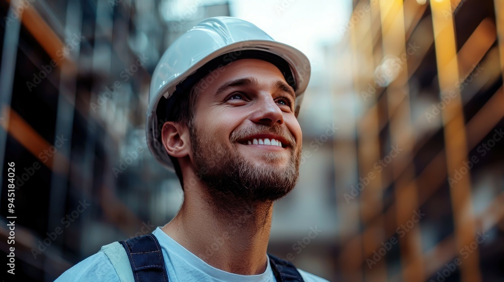 Happy Construction Worker Wearing a White Hard Hat Looking Up Happy Construction Worker Wearing a White Hard Hat Looking Up