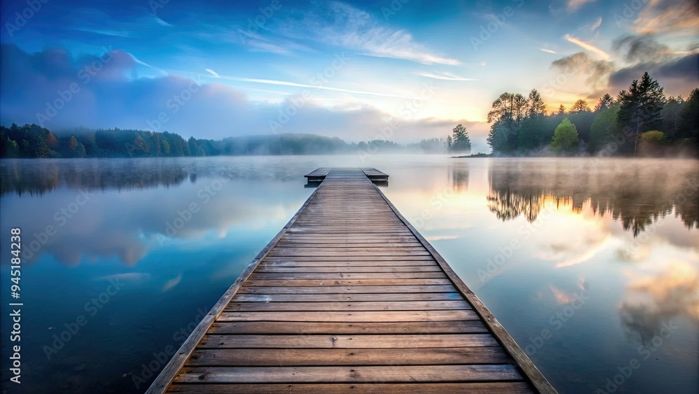 rustic wooden dock on serene foggy lake, symmetrical composition, cool tone, slow shutter, misty atmosphere, echoes, mystery, escape, simplicity, peacefulness rustic wooden dock on serene foggy lake, symmetrical composition, cool tone, slow shutter, misty atmosphere, echoes, mystery, escape, simplicity, peacefulness