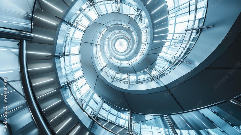 Spiral staircase inside a modern cylindrical building with glass floors Spiral staircase inside a modern cylindrical building with glass floors