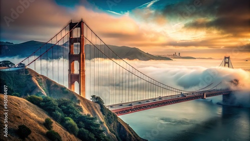 GoldenGateBridge SanFrancisco FallFog Drive PacificHighway USA Moody Ethereal CoolToned Monochromatic Mysterious Cityscape WestCoast Iconic photo