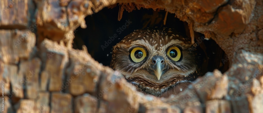 Curious Baby Owl Peeking from Hollow in Ancient Tree Trunk Curious Baby Owl Peeking from Hollow in Ancient Tree Trunk