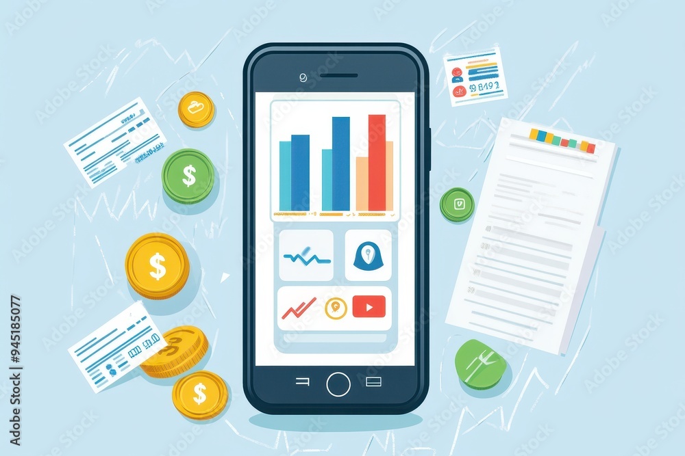 Sleek Vector Icons of Financial Apps on Smartphone Screen Sleek Vector Icons of Financial Apps on Smartphone Screen