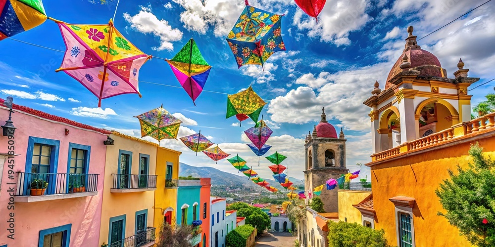 Whimsical Papel Picado Kite flying over Colorful Colonial Town Whimsical Papel Picado Kite flying over Colorful Colonial Town