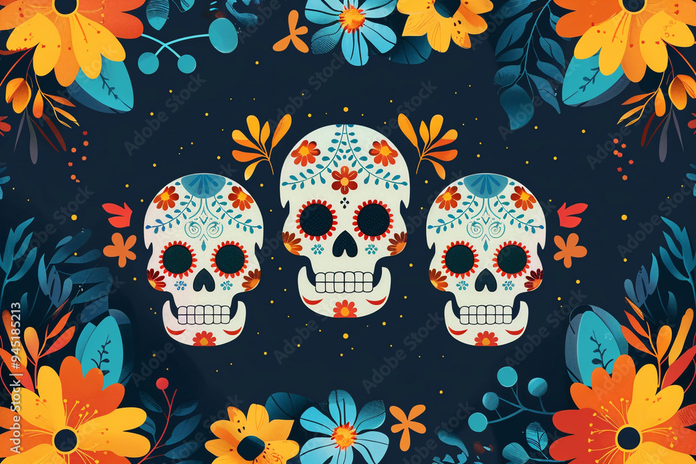 Beautiful greeting card with bright holiday composition for happy to joy celebrate dia de muertos Beautiful greeting card with bright holiday composition for happy to joy celebrate dia de muertos