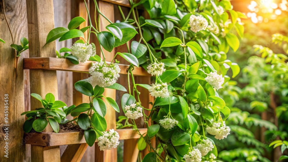Photo image of a lush, green hoya climbing up a wooden trellis, with delicate white flowers cascading down, in a sunny, rustic room. Photo image of a lush, green hoya climbing up a wooden trellis, with delicate white flowers cascading down, in a sunny, rustic room.